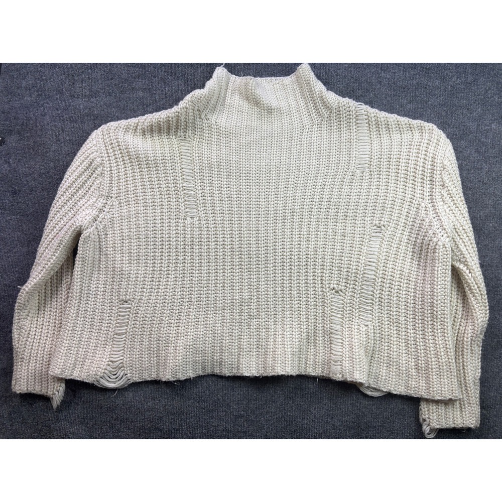 UMGEE Distressed Mock Neck Sweater Womens L Cream Cropped Chunky Knit Oversized - Picture 1 of 7